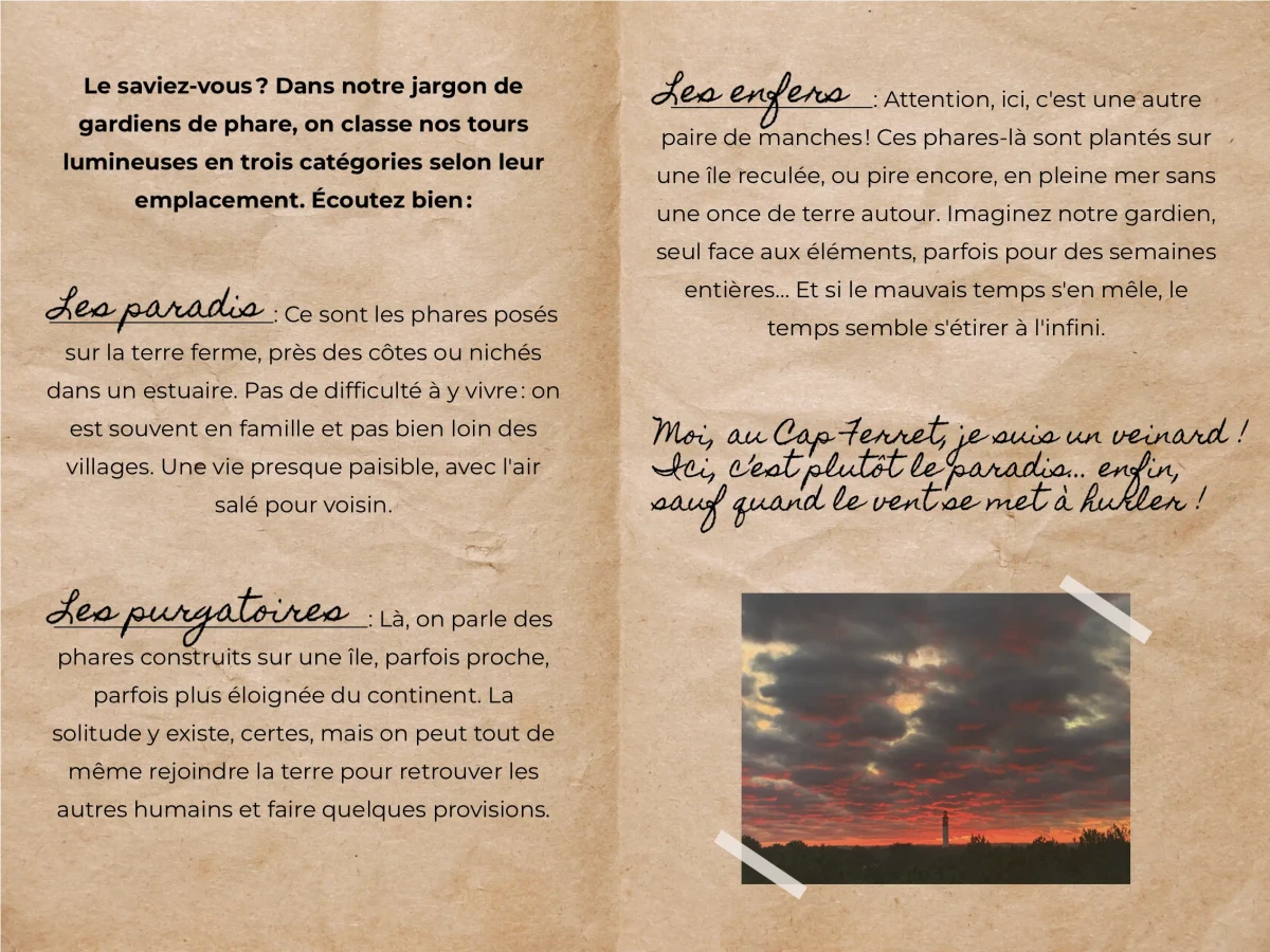 Le saviez-vous ? Dans notre jargon de gardiens de phare, on classe nos tours lumineuses en trois catégories selon leur emplacement.

Les paradis : ce sont des phares posés sur la terre ferme, près des côtes ou nichés dans un estuaire. Pas de difficulté à y vivre : on est souvent en famille et pas bien loin des villages. Une vie presque paisible, avec l'air salé pour voisin.
Les purgatoires : on parle des phares construits sur une île, parfois proche, parfois plus éloignée du continent. La solitude y existe, certes, mais on peut tout de même rejoindre la terre pour retrouver les autres humains et faire quelques provisions.
Les enfers : attention, ici, c'est une autre paire de manches ! Ces phares-là sont plantés sur une île reculée, ou pire encore, en pleine mer sans une once de terre autour. Imaginez notre gardien, seul face aux éléments, parfois pour des semaines entières... Et si le mauvais temps s'en mêle, le temps semble s'étirer à l'infini.

Moi, au Cap Ferret, je suis un veinard ! Ici, c'est plutôt le paradis... Enfin, sauf quand le vent se met à hurler !
