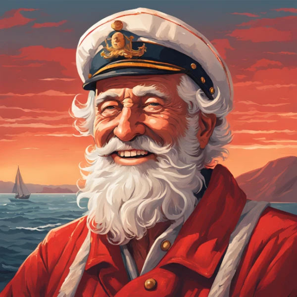 Portrait en cercle d'Archibald, gardien du Phare du Cap Ferret (version 01) - Personnage mascotte, vieux marin souriant avec chapeau de capitaine rouge