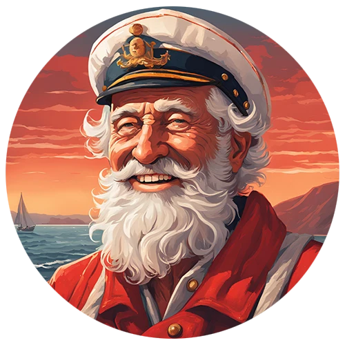 Portrait en cercle d'Archibald, gardien du Phare du Cap Ferret (version 04) - Illustration du personnage mascotte, vieux marin souriant