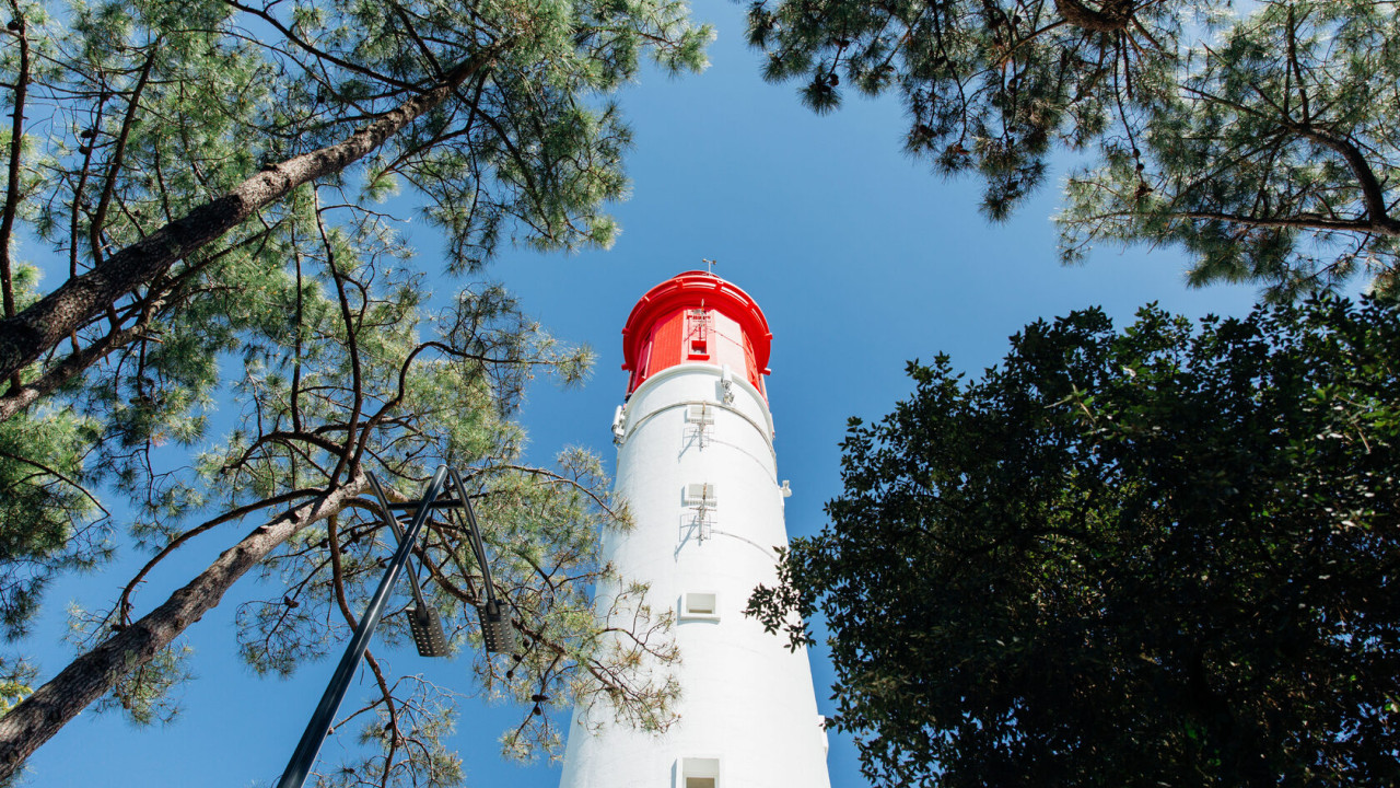 Vue aérienne du Phare du Cap Ferret entouré de pins.
